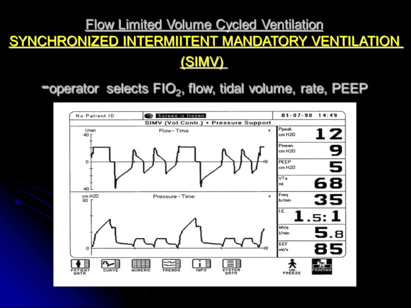 Flow Limited Volume Cycled Ventilation SYNCHRONIZED INTERMIITENT MANDATORY VENTILATION (SIMV)  -operator selects FIO2,